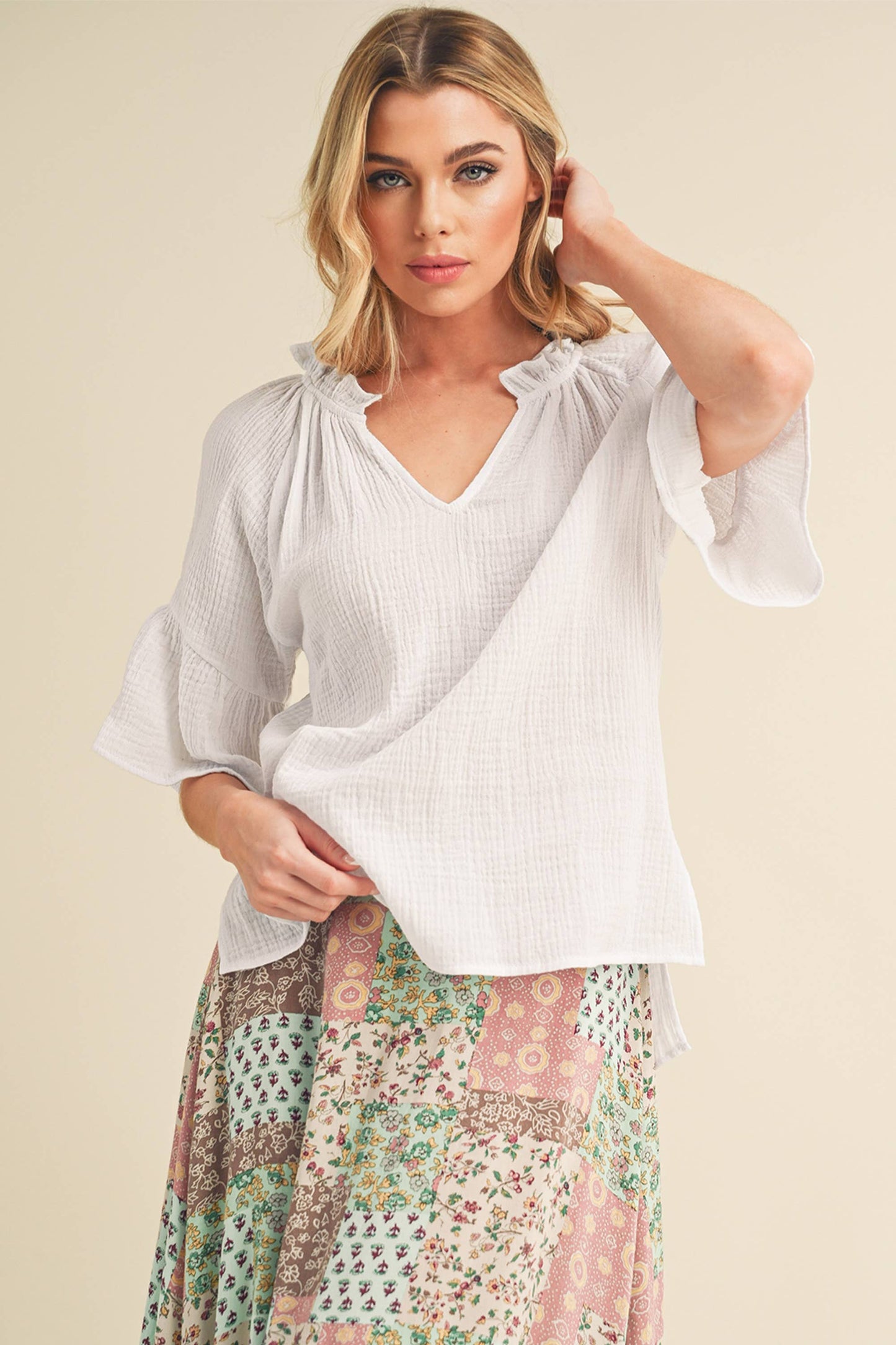 Tes 3/4 Sleeve Ruffle Top