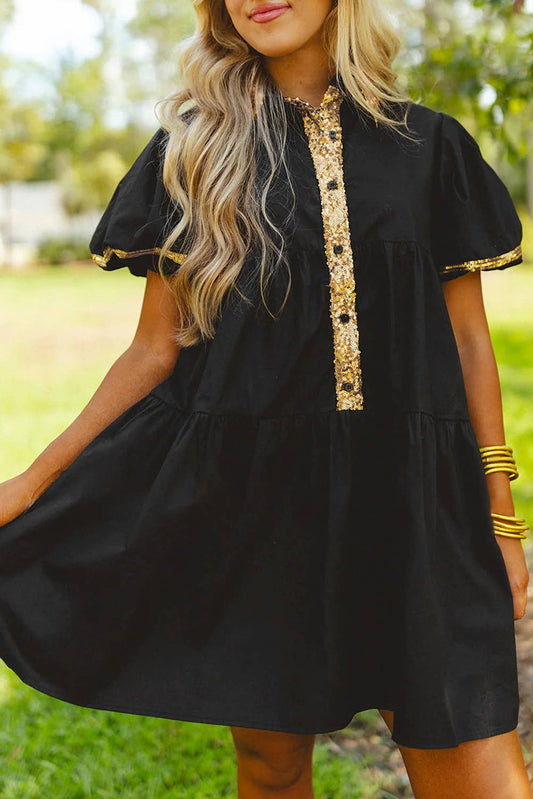 Sequin Trim Bubble Sleeve Game Day Shirt Dress