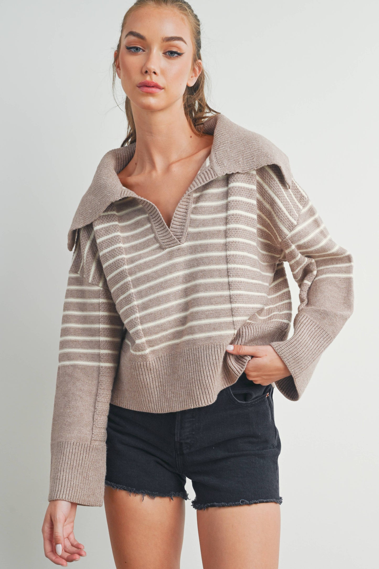 TEXTURED STRIPED V-NECK BIG COLLAR LS SWEATER - BMW7247