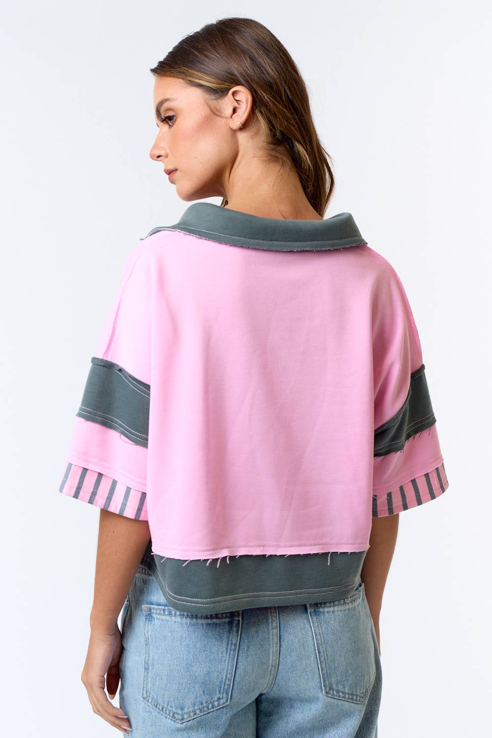 STRIPE MIX FRENCH TERRY CROP POLO SHIRT TOP