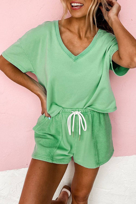 Green V Neck Drop Shoulder Tee and Patchwork Drawstring Shorts Set