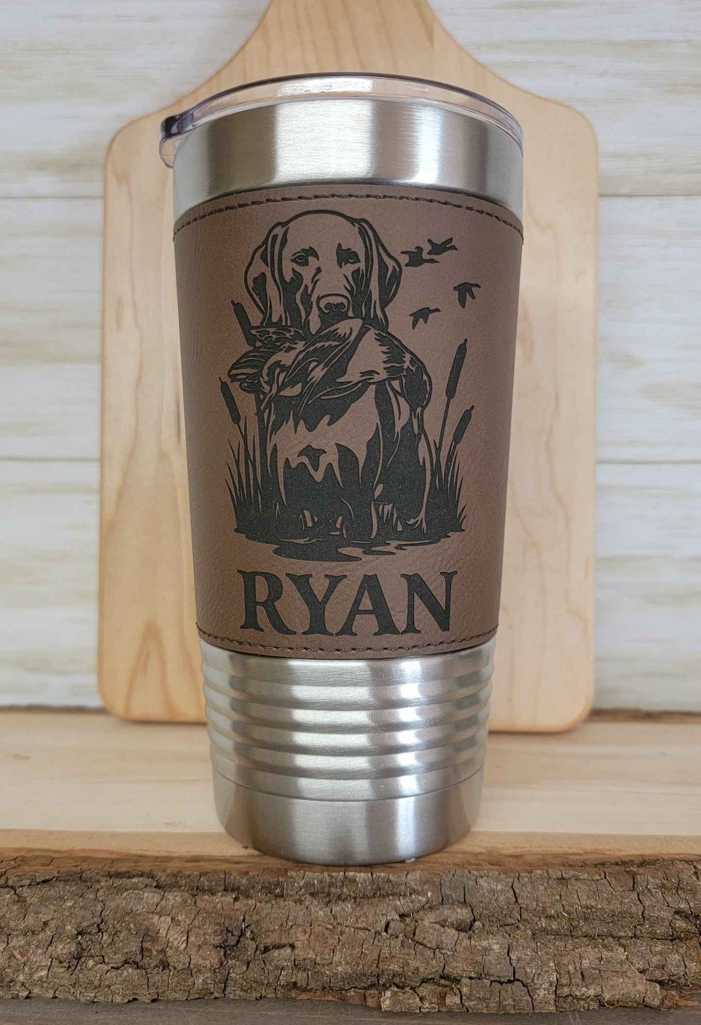 Duck Hunting Leather Engraved Tumbler. Dog Hunting Cup.