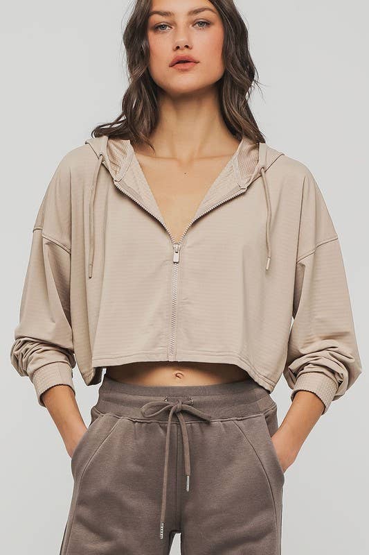 Cropped Zip Up Drawstring Hooded Workout Jacket
