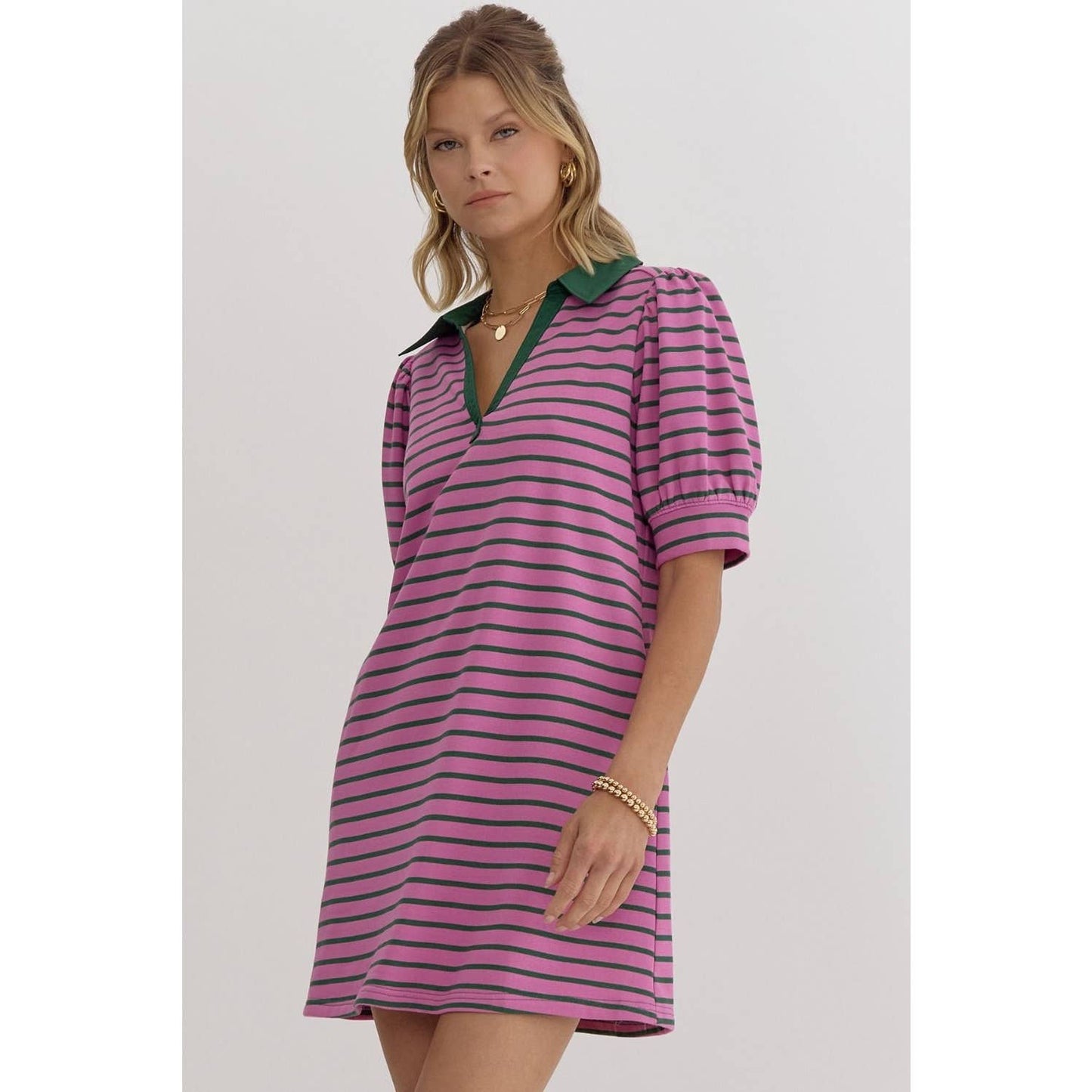 Stripe print v-neck puff sleeve collared dress