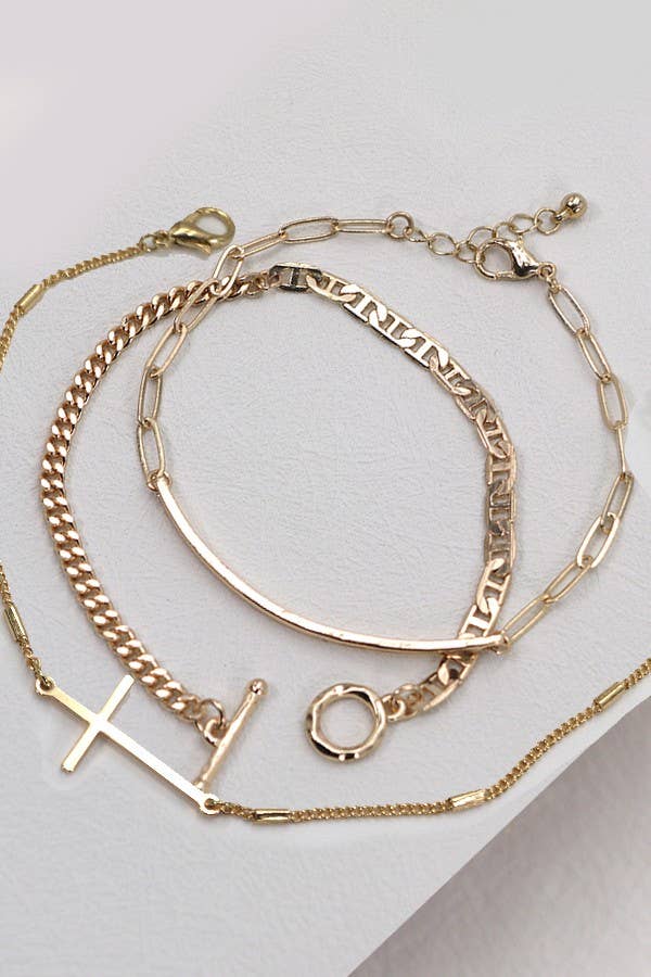 TRIO Bracelet Set - BAR CROSS & ROPE CHAIN