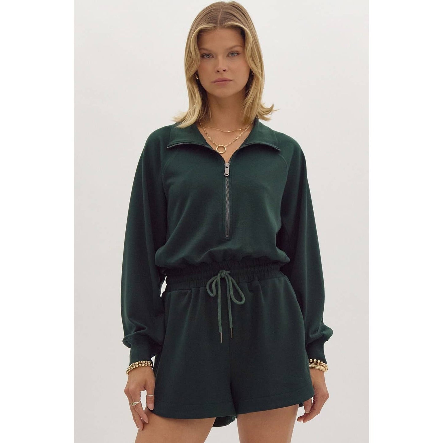 Solid long sleeve half zip collared romper