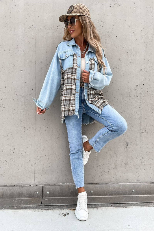 WOMEN DENIM PATCHWORK PLAID JACKET