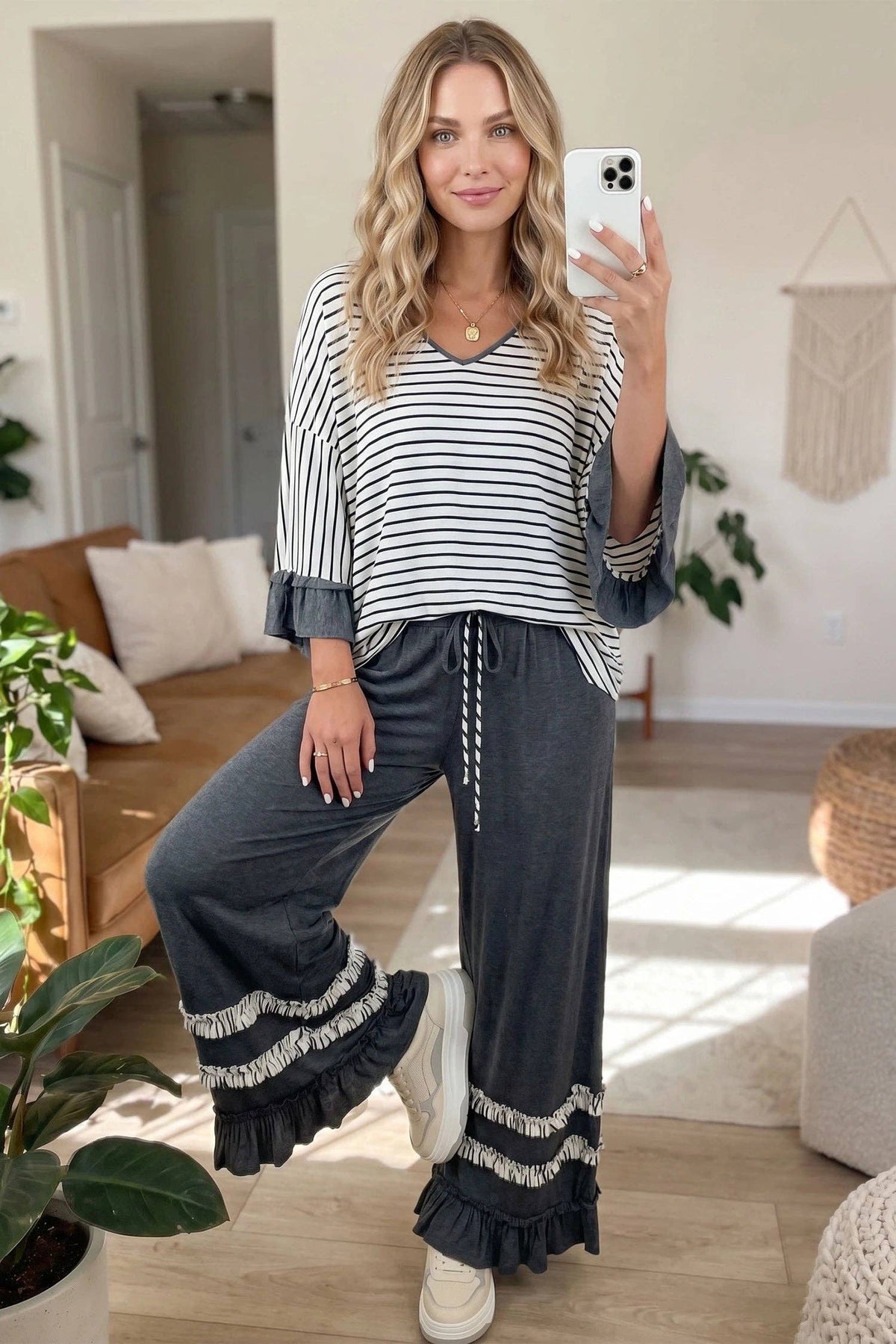 Stripe V Neck Ruffle Contrast Sleeve Drawstring Pants 2pcs Set