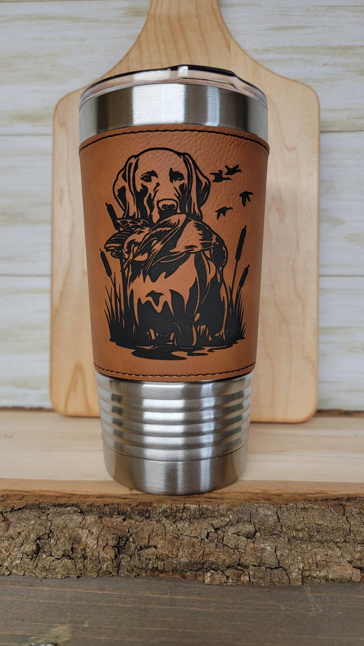 Duck Hunting Leather Engraved Tumbler. Dog Hunting Cup.