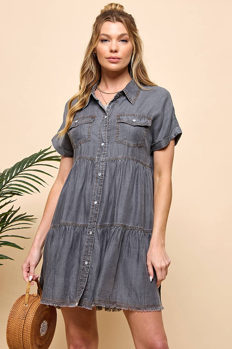 TIERED BUTTON DOWN DENIM DRESS