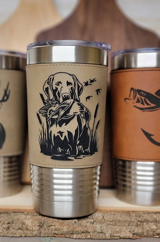 Duck Hunting Leather Engraved Tumbler. Dog Hunting Cup.