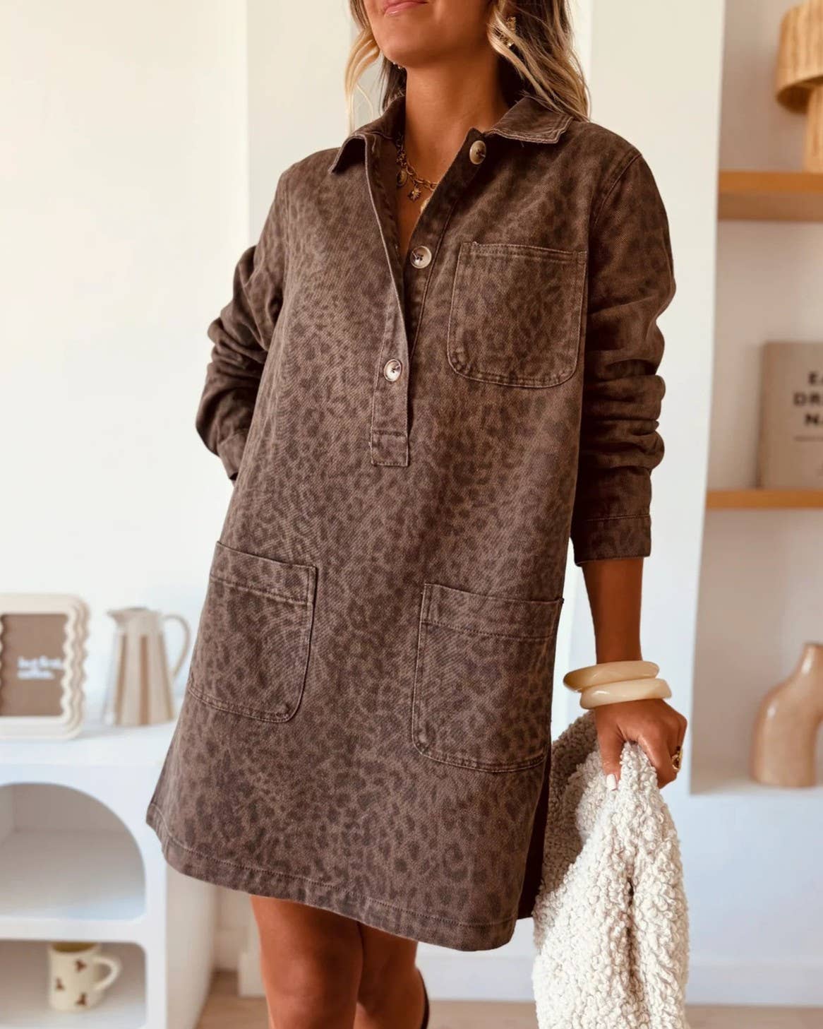 Vintage Collared Leopard Print Long-Sleeve Loose Denim Dress