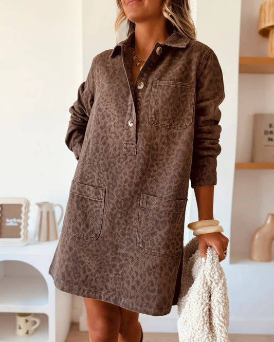 Vintage Collared Leopard Print Long-Sleeve Loose Denim Dress