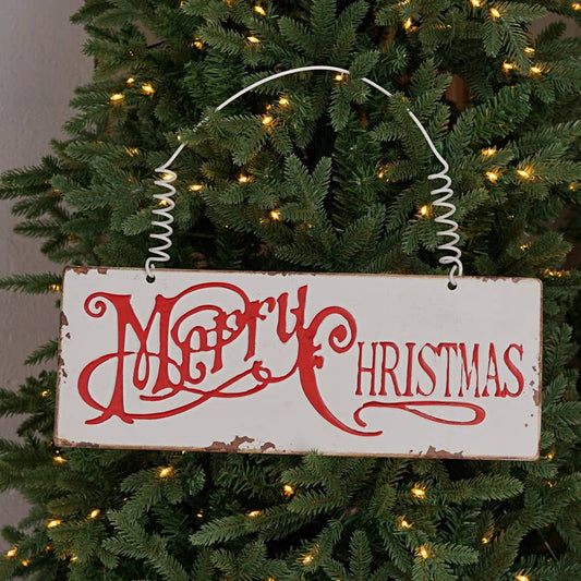 M32566-16Lx6W Vintage Merry Christmas Metal Plaque-WT/RED
