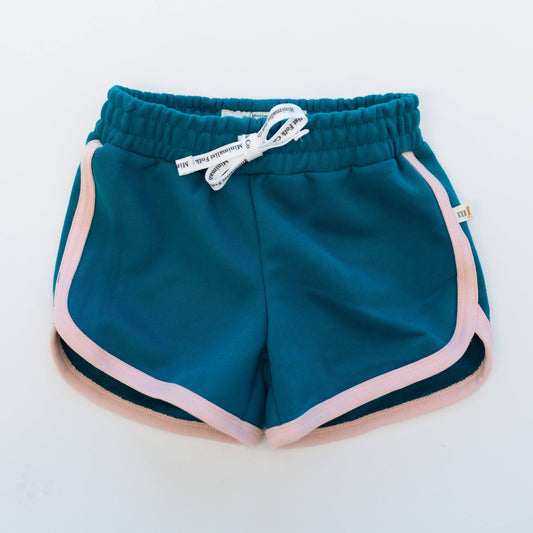 TRACK SHORTS in DEEP TEAL + PINK TRIM | KIDS