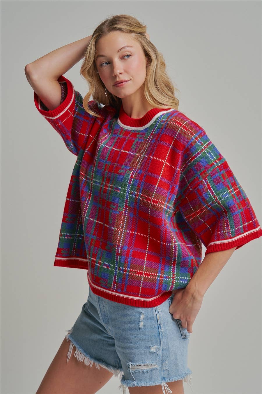 HOLIDAY CHRISTMAS PLAID DROP SHOULDER SWEATER_JLT00303-02