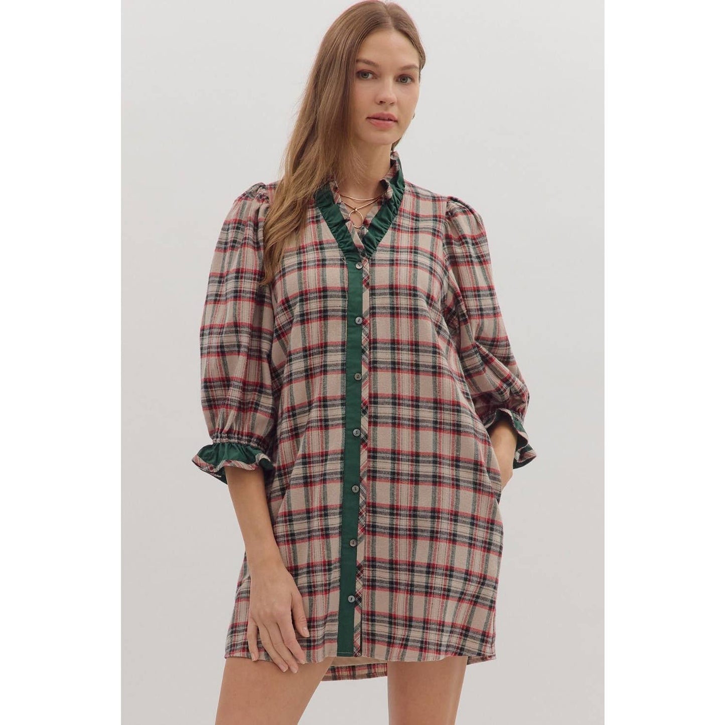 Plaid puff sleeve mini dress