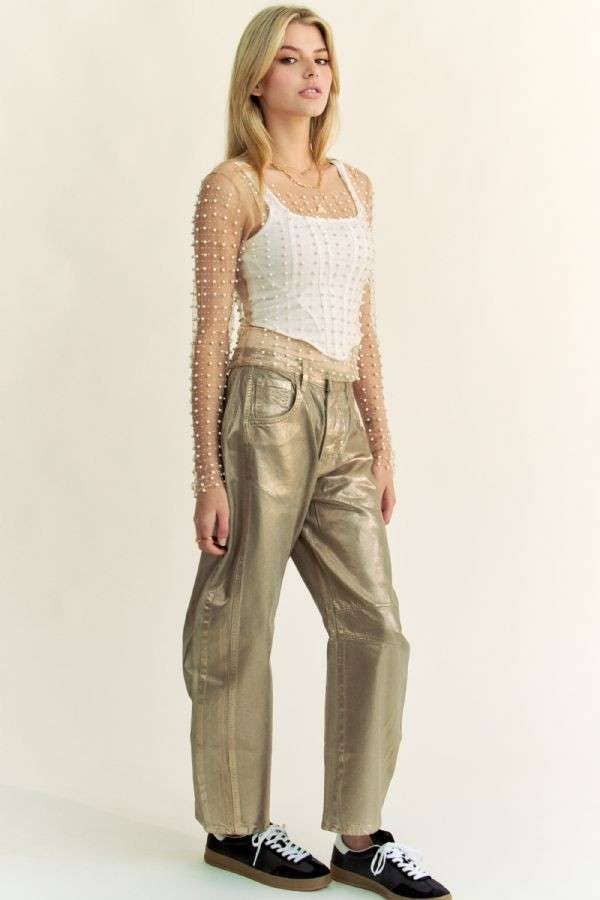 BEAD AND PEARL EMBELLISHED LONG SLEEVES MESH TOP