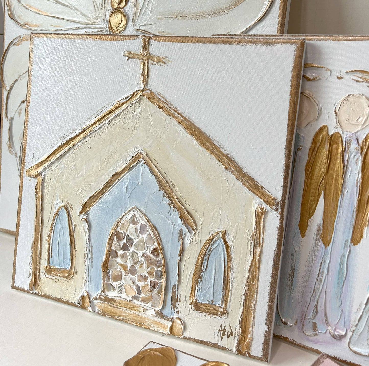 Church w/ oyster shell door on canvas textured
