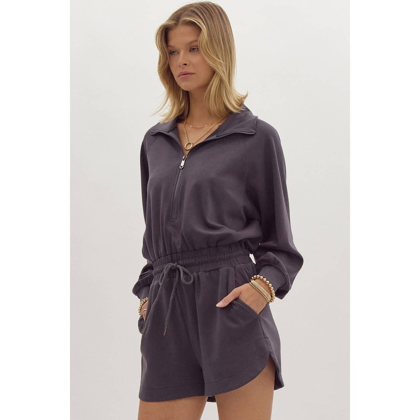 Solid long sleeve half zip collared romper