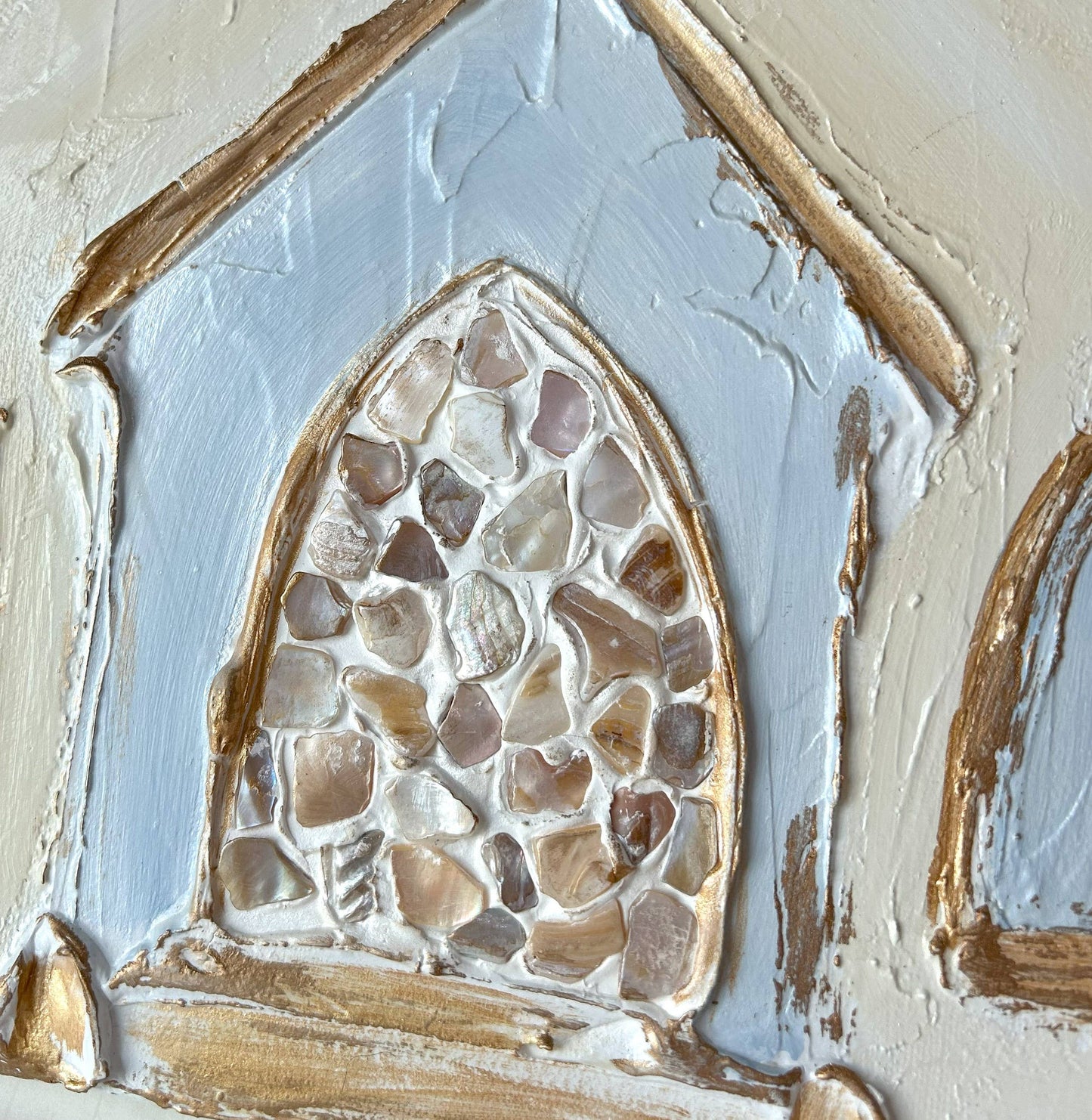 Church w/ oyster shell door on canvas textured