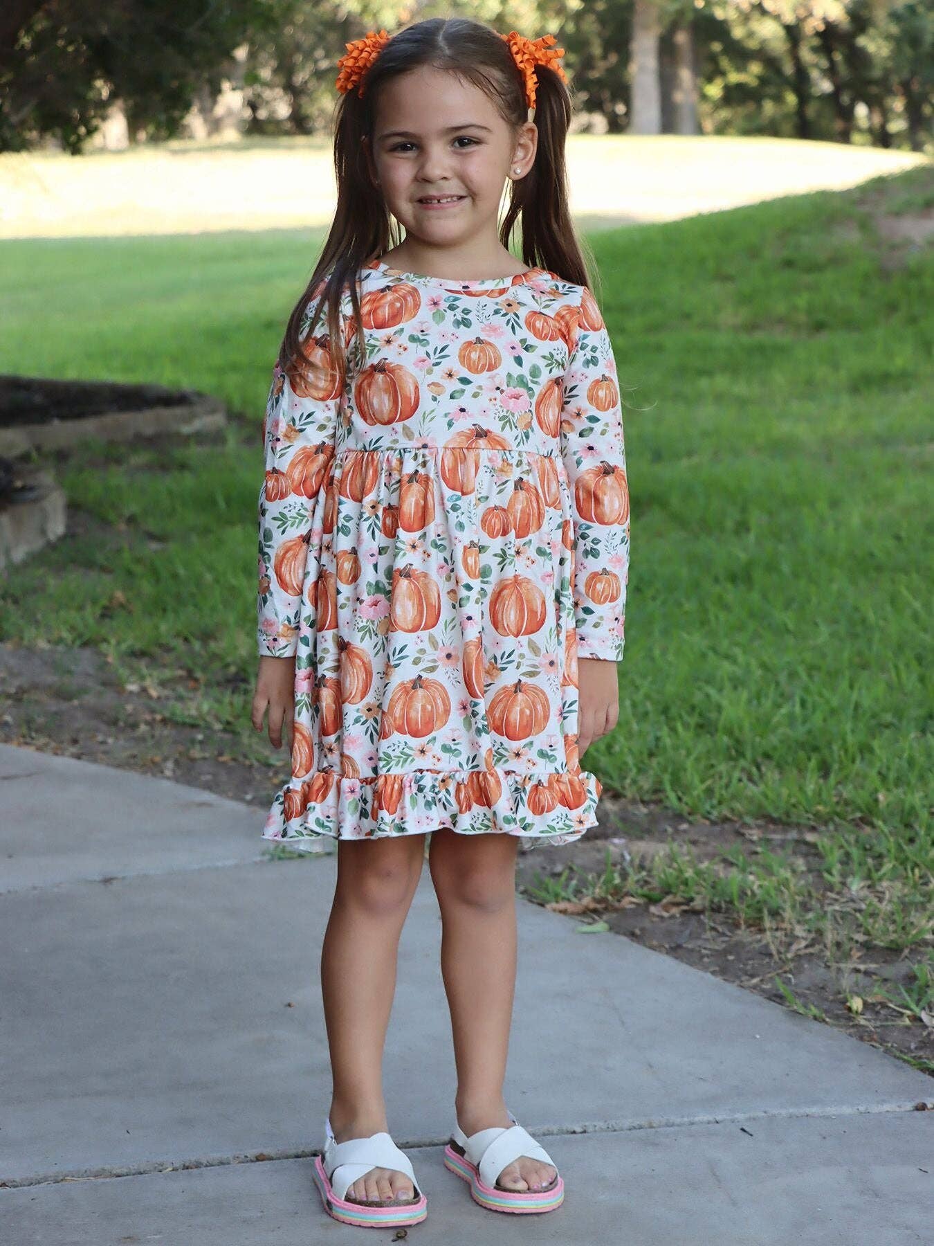 Girls Halloween Pumpkin Print Long Sleeve Dress