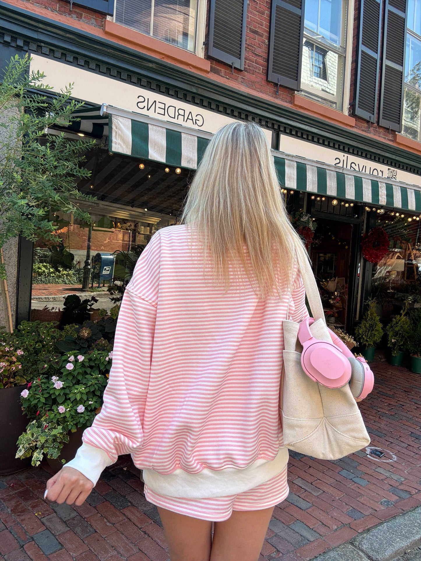 Light Pink and White Striped Mockneck Sweatshirt