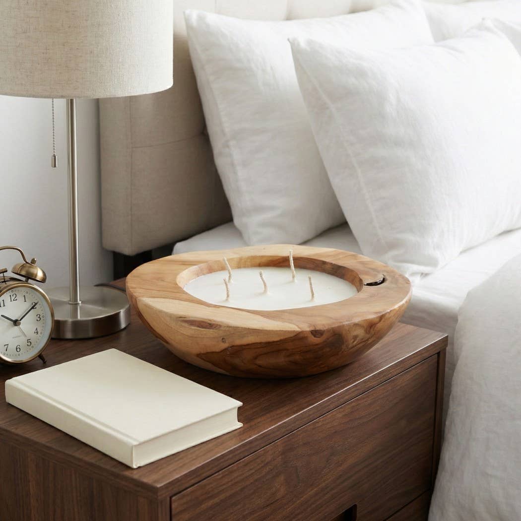 Scented Candle -Vanilla Soy Wax in Brown Teakwood Bowl, 35Oz