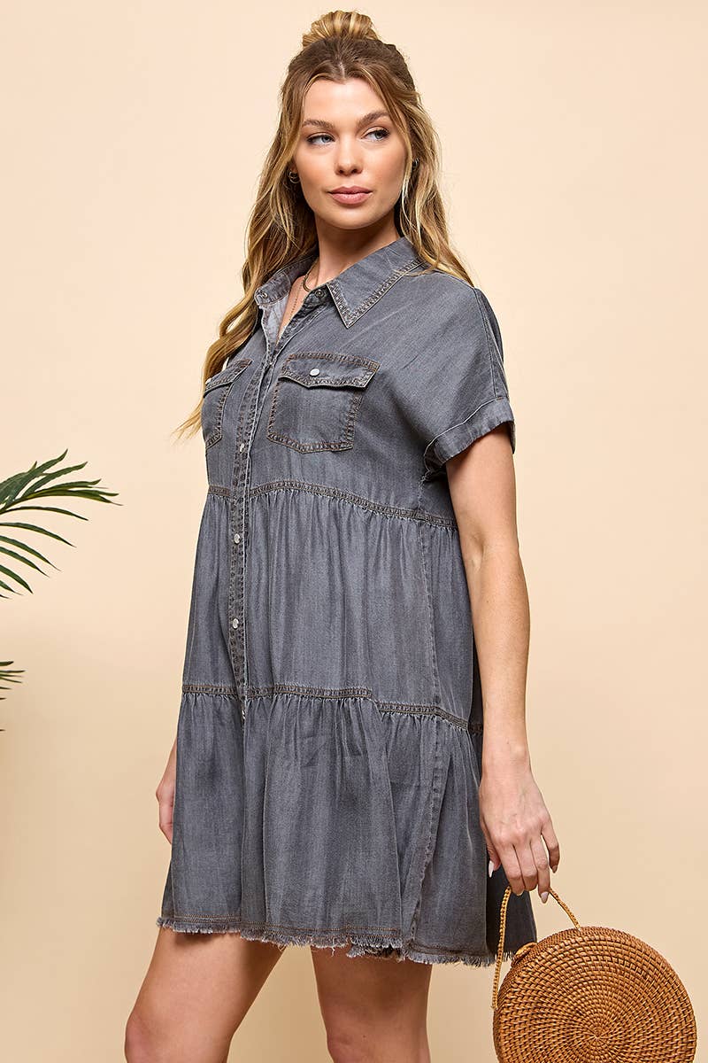 TIERED BUTTON DOWN DENIM DRESS