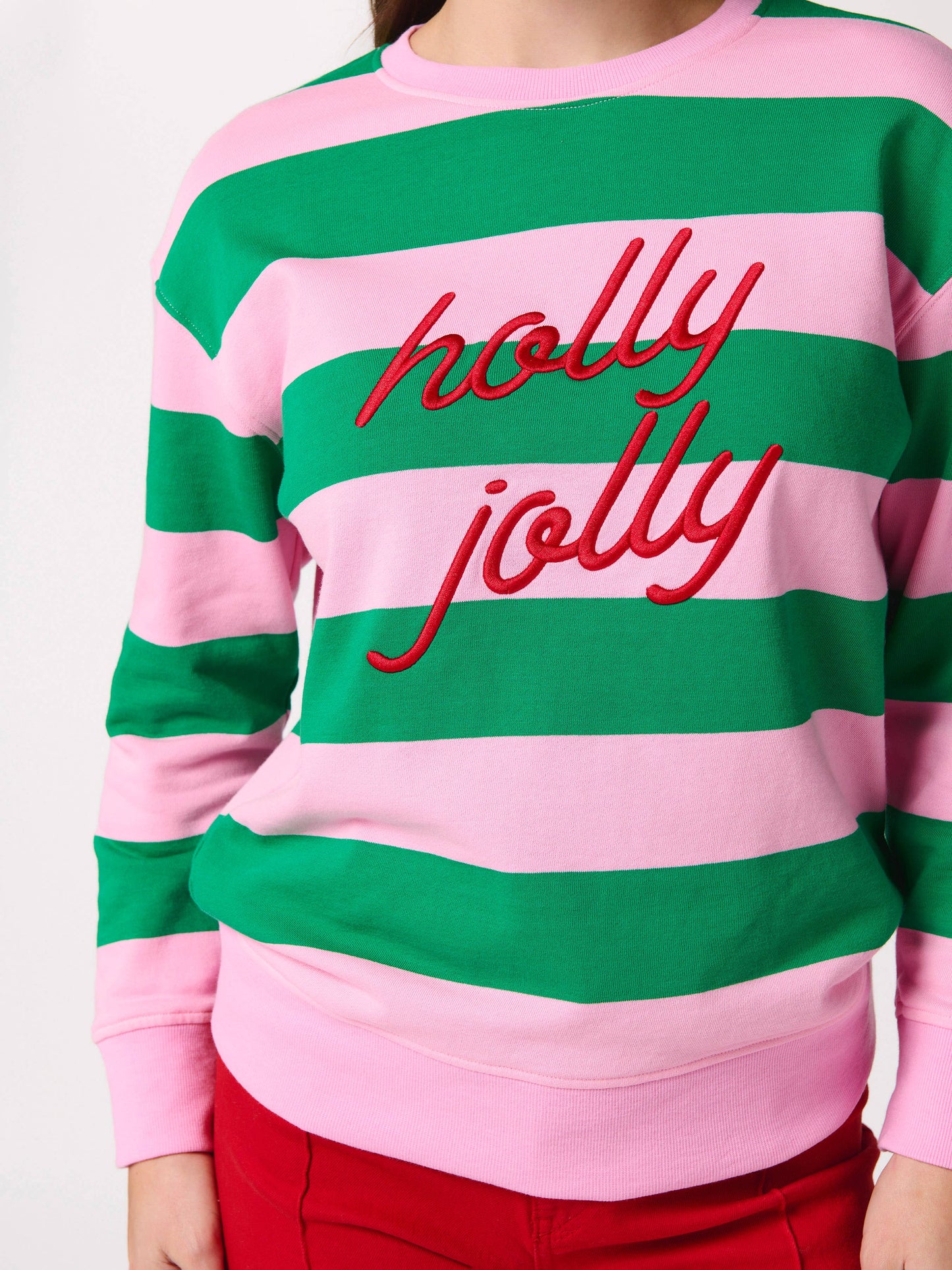 "HOLLY JOLLY" STRIPED CLASSIC SWEATSHIRTS,PINK