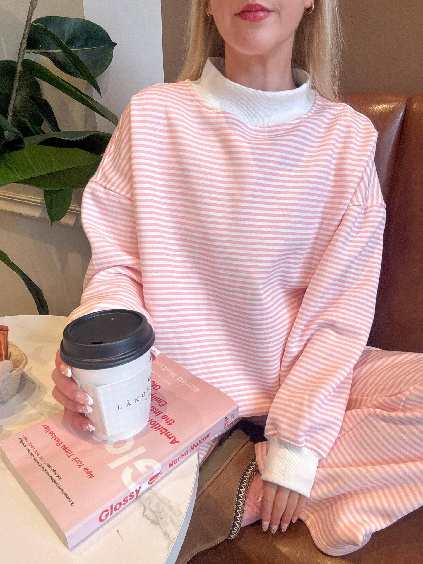 Light Pink and White Striped Mockneck Sweatshirt