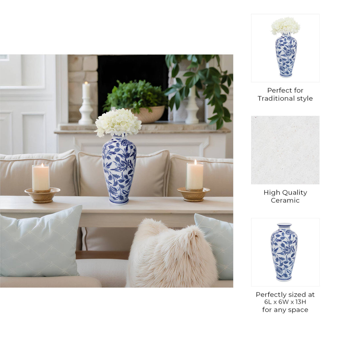Decorative Vase - Blue/White Ceramic Chinoiserie, 13 in.