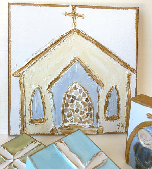 Church w/ oyster shell door on canvas textured