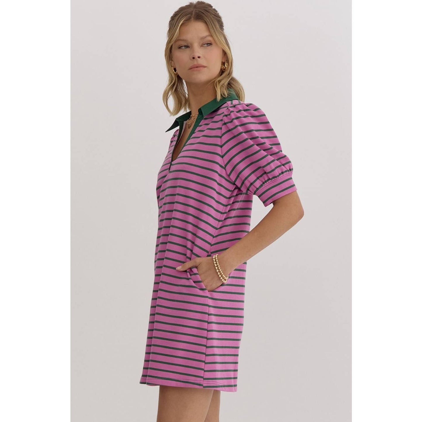 Stripe print v-neck puff sleeve collared dress