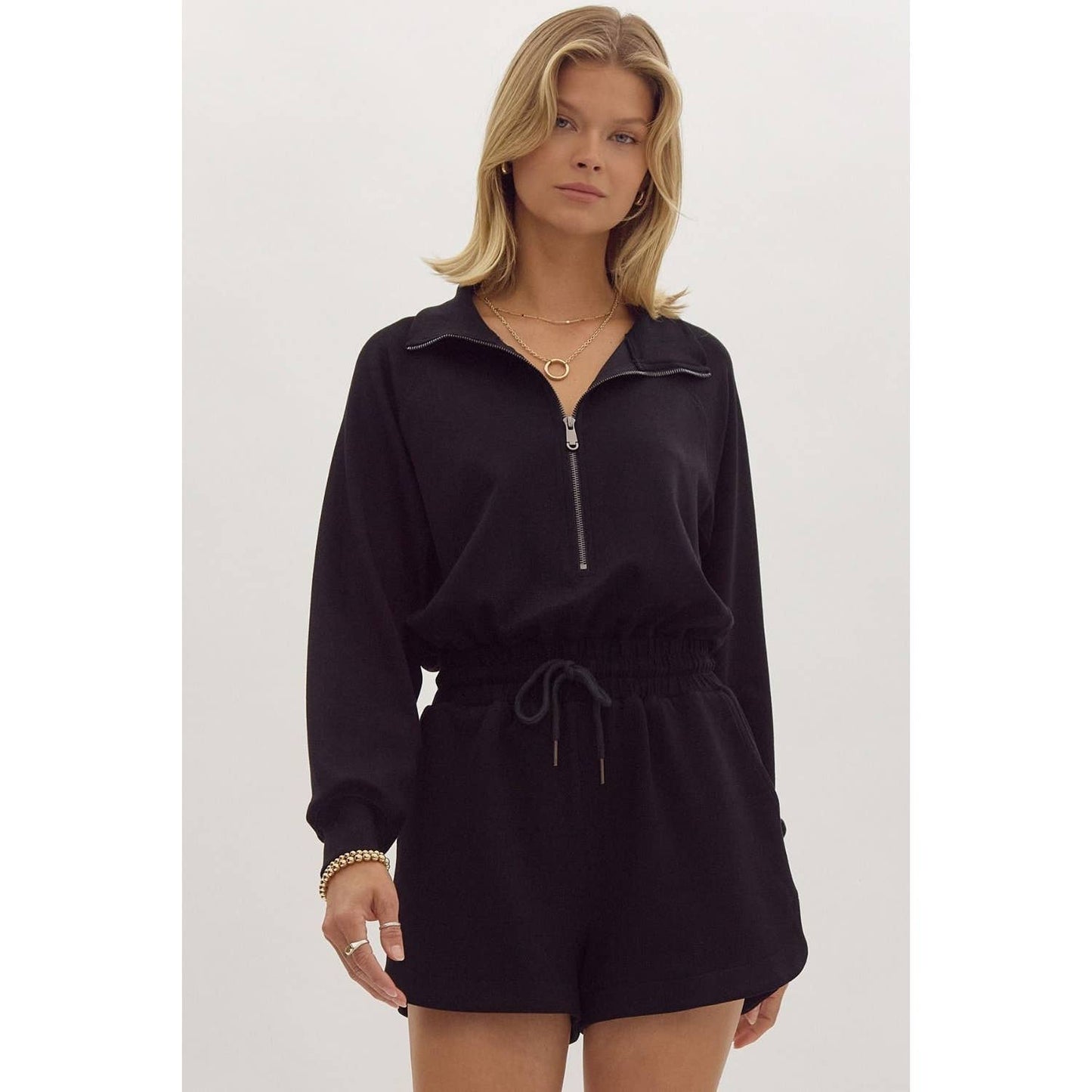 Solid long sleeve half zip collared romper