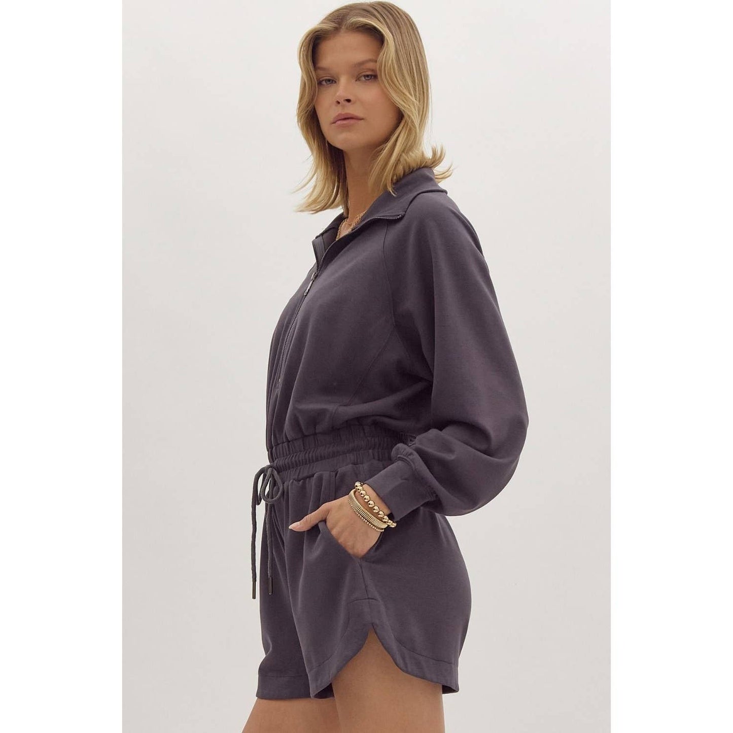 Solid long sleeve half zip collared romper