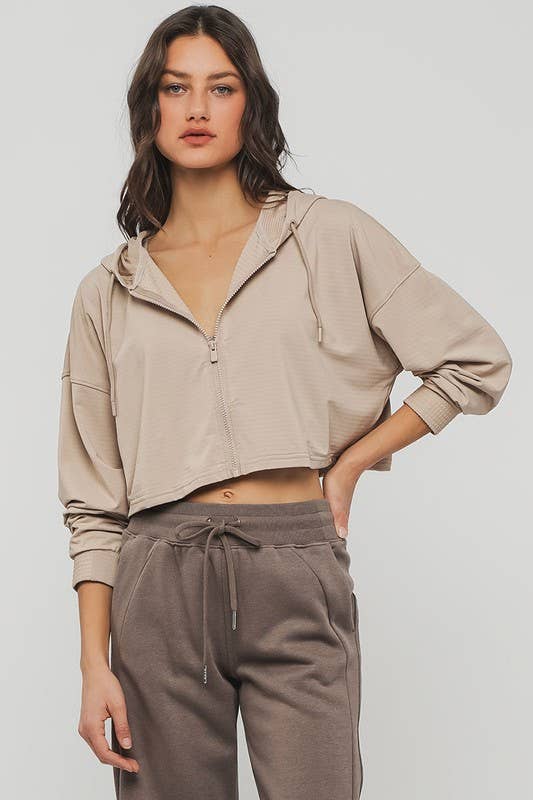 Cropped Zip Up Drawstring Hooded Workout Jacket