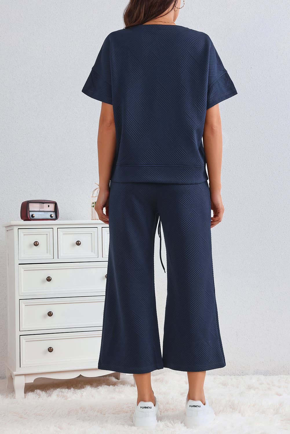 Textured Loose Fit T Shirt and Drawstring Pants Set