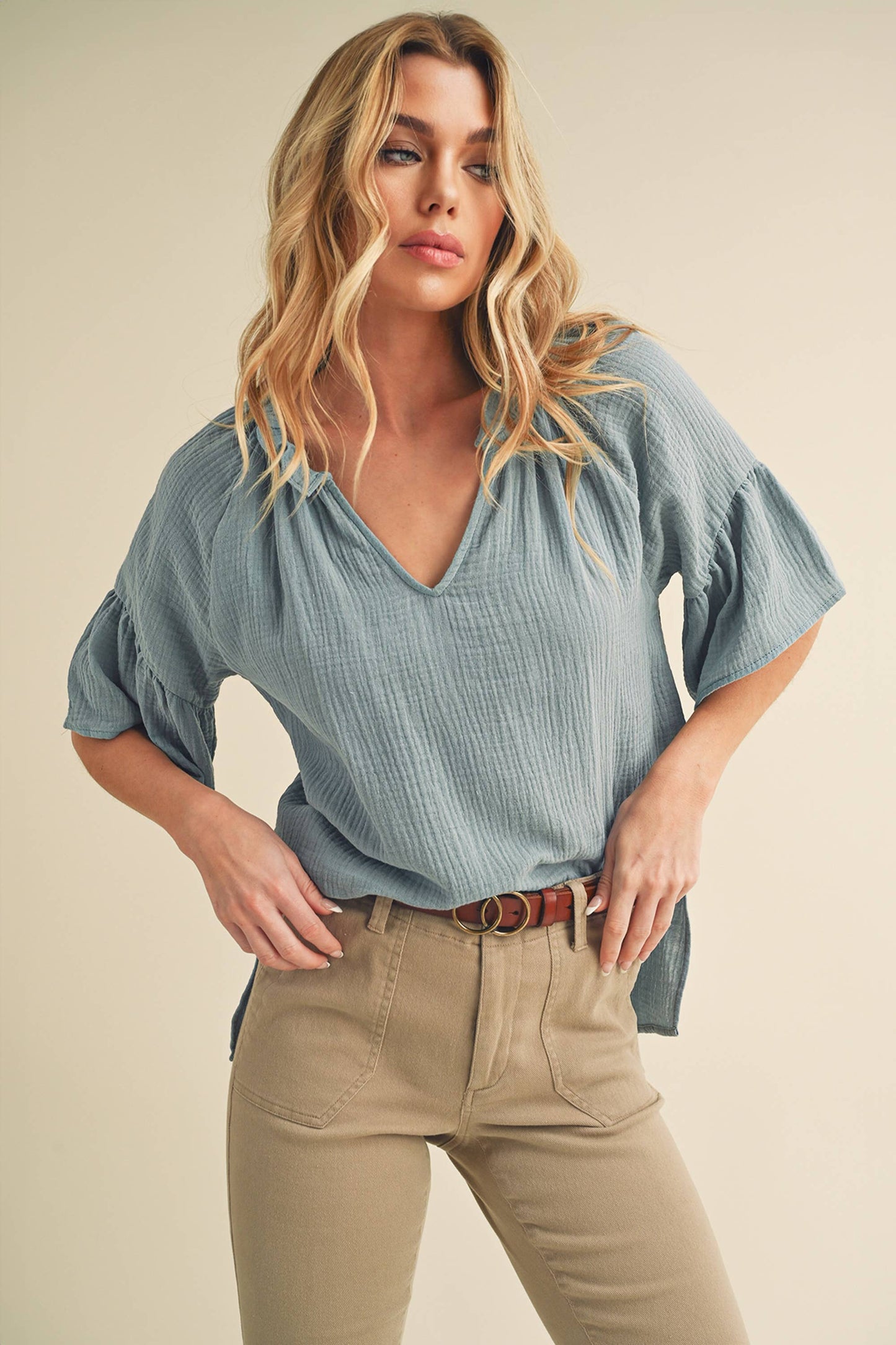 Tes 3/4 Sleeve Ruffle Top