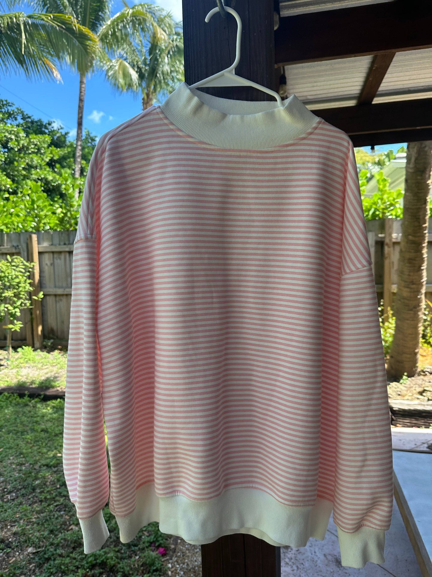 Light Pink and White Striped Mockneck Sweatshirt