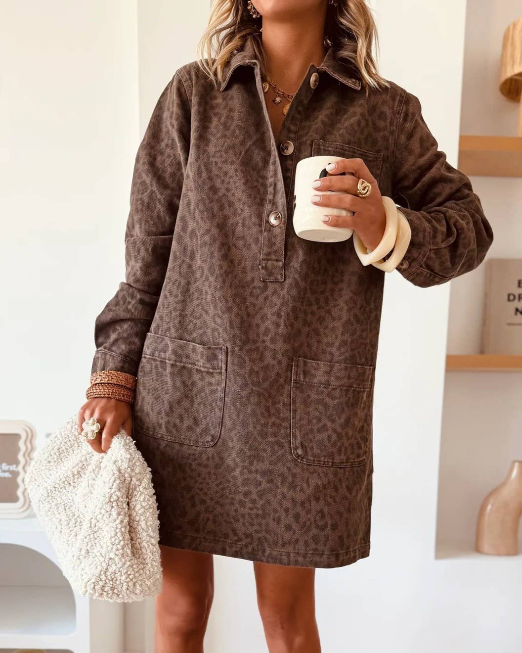 Vintage Collared Leopard Print Long-Sleeve Loose Denim Dress
