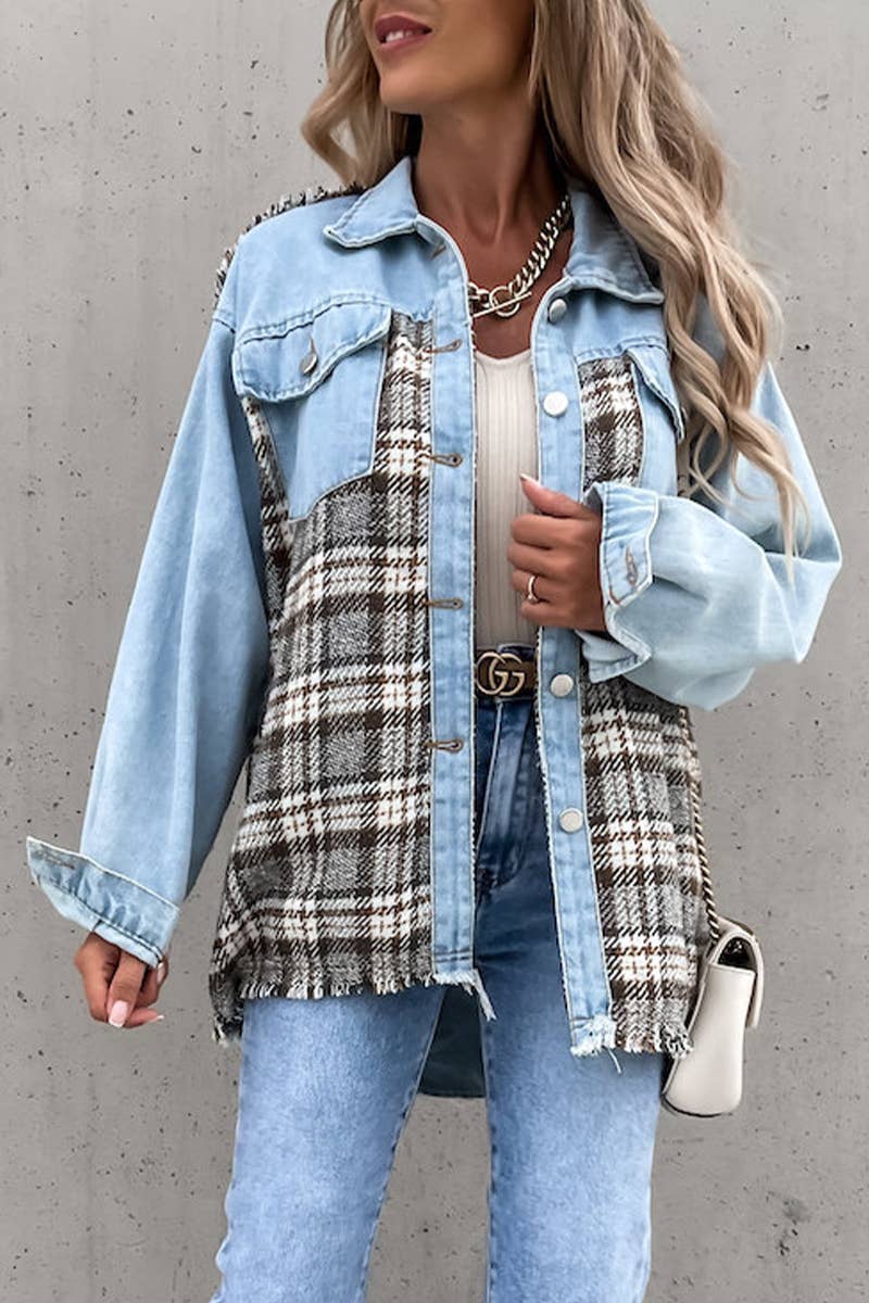 WOMEN DENIM PATCHWORK PLAID JACKET