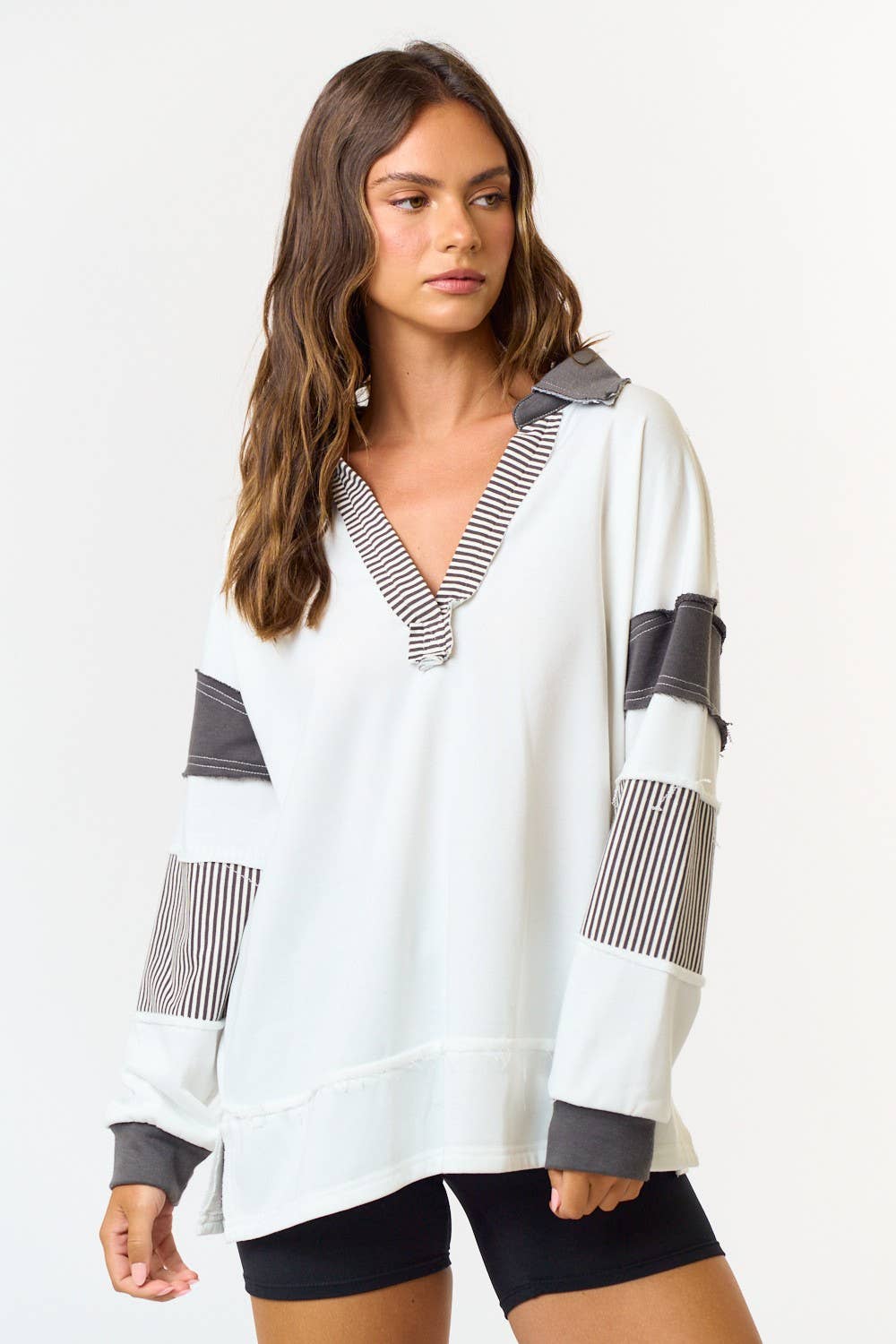 FRENCH TERRY COLLARED STRIPED SWEATSHIRT