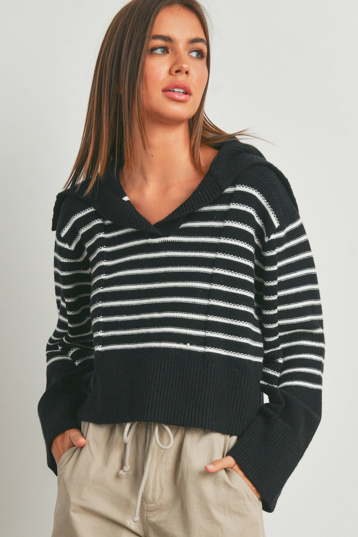 TEXTURED STRIPED V-NECK BIG COLLAR LS SWEATER - BMW7247