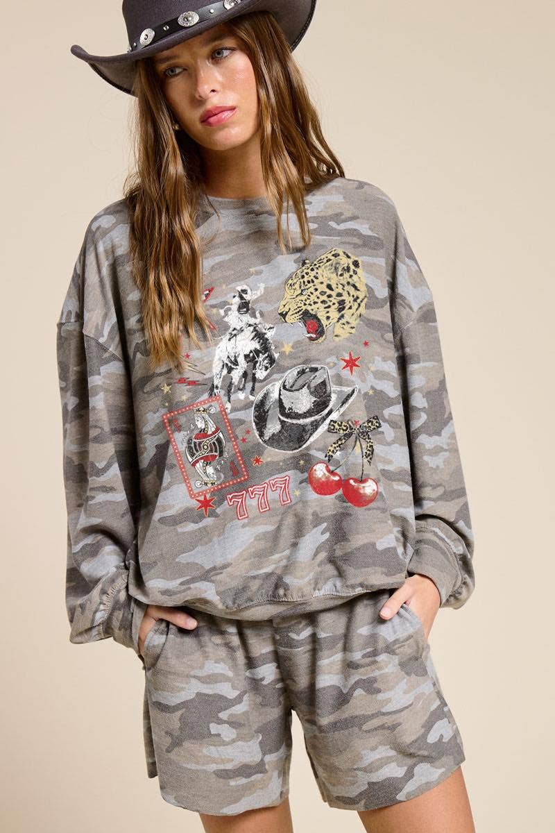 Retro Western Collage Graphic L/S French Terry Pullover