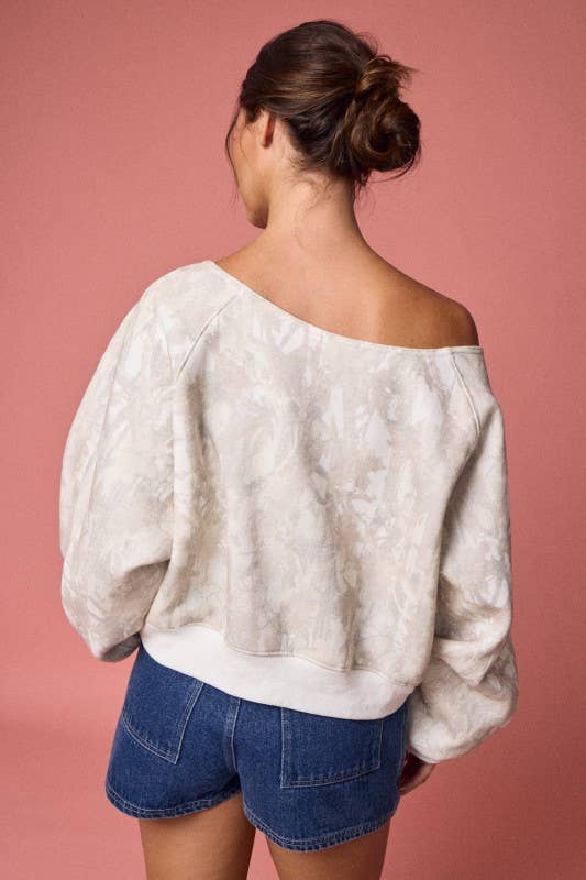 Nature Camo Print Off-Shoulder LS Top
