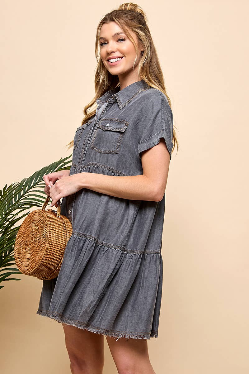 TIERED BUTTON DOWN DENIM DRESS