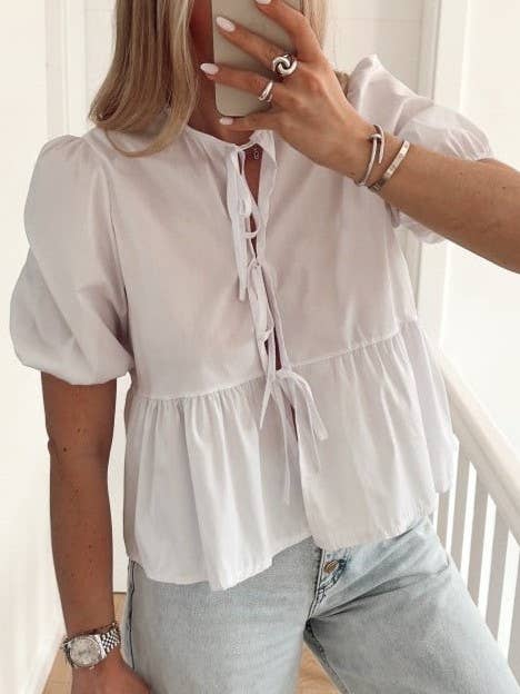 puff sleeve bow tiered ruffle blouse