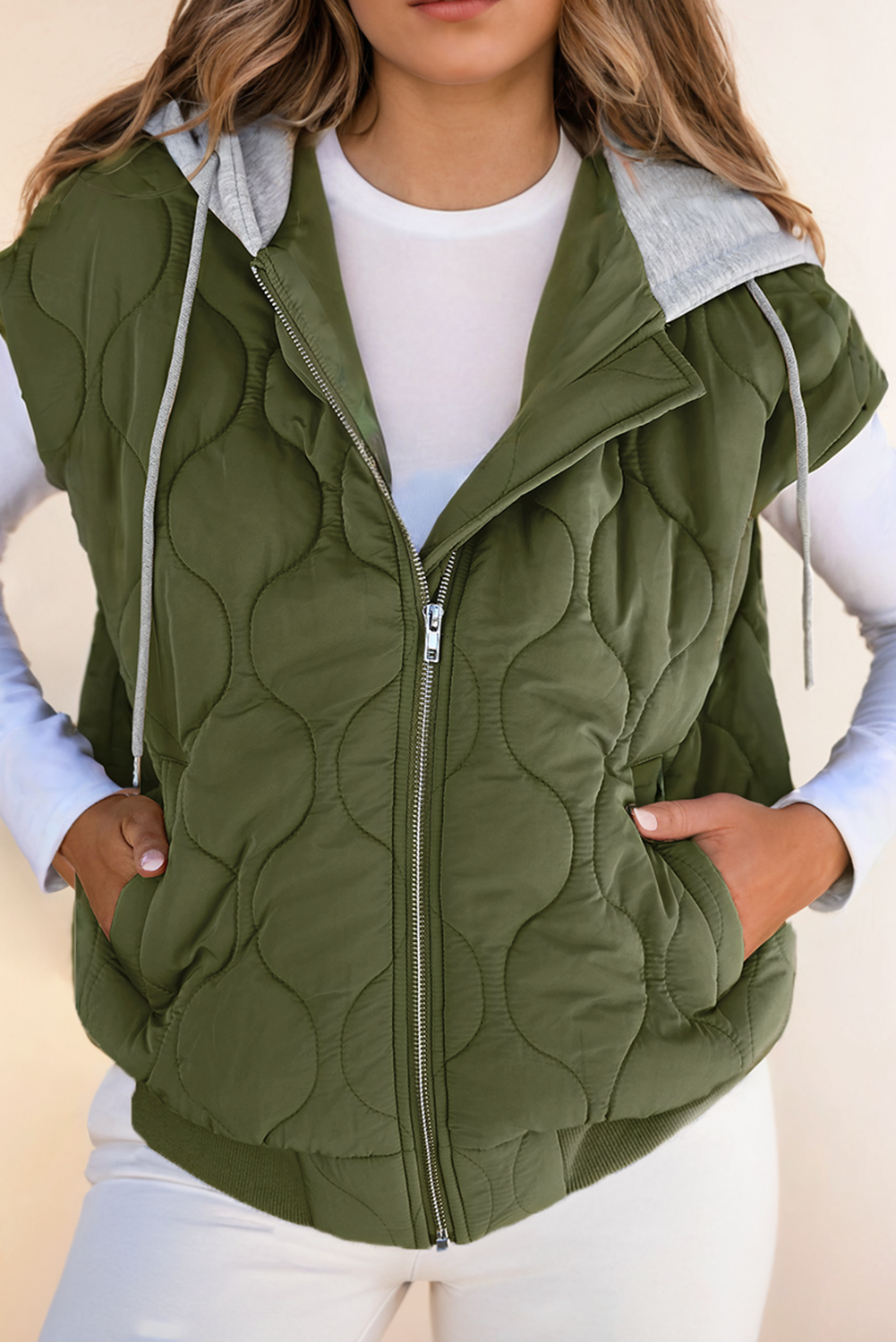 Quilted Drawstring Sleeveless Hooded Zip Up Puffer Vest