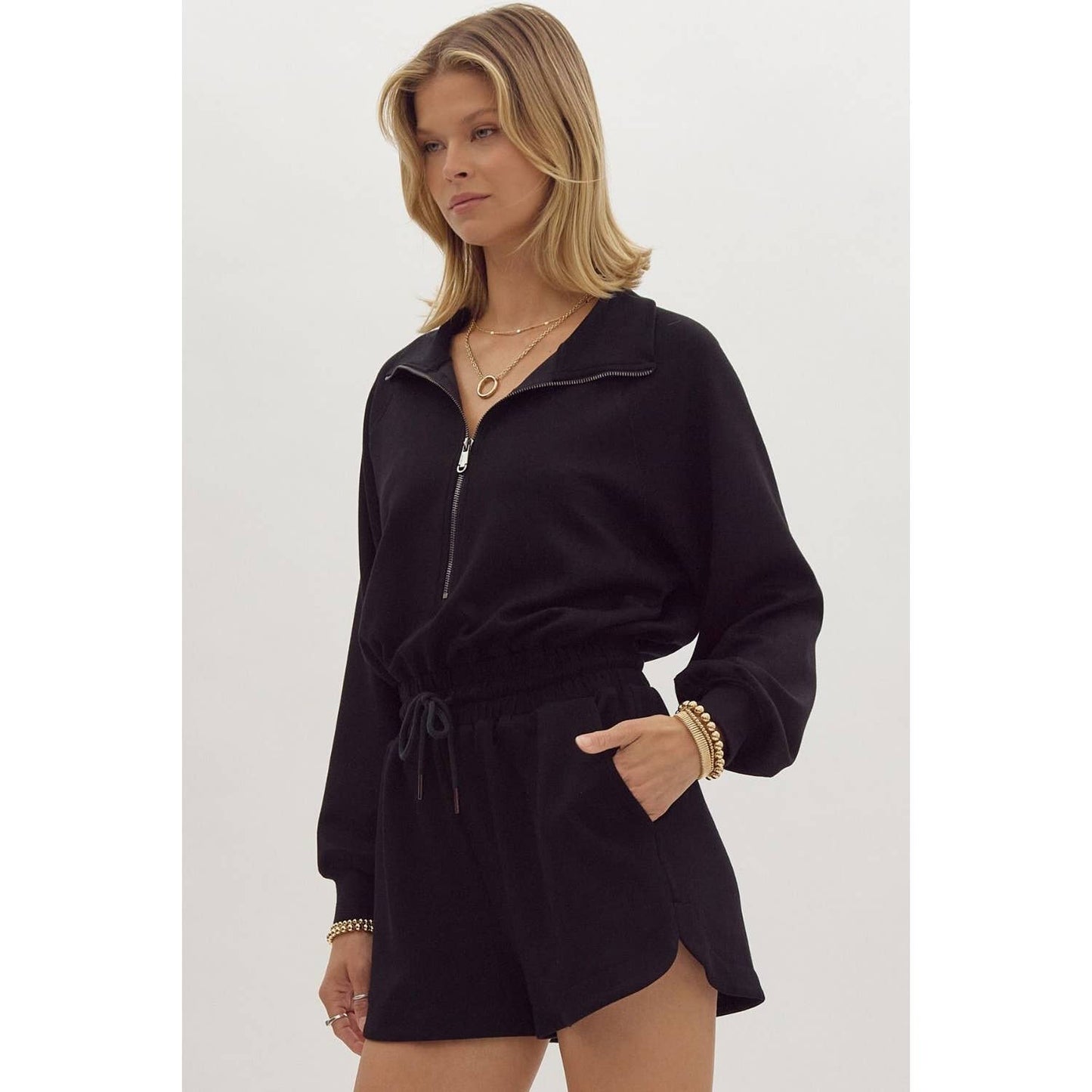 Solid long sleeve half zip collared romper